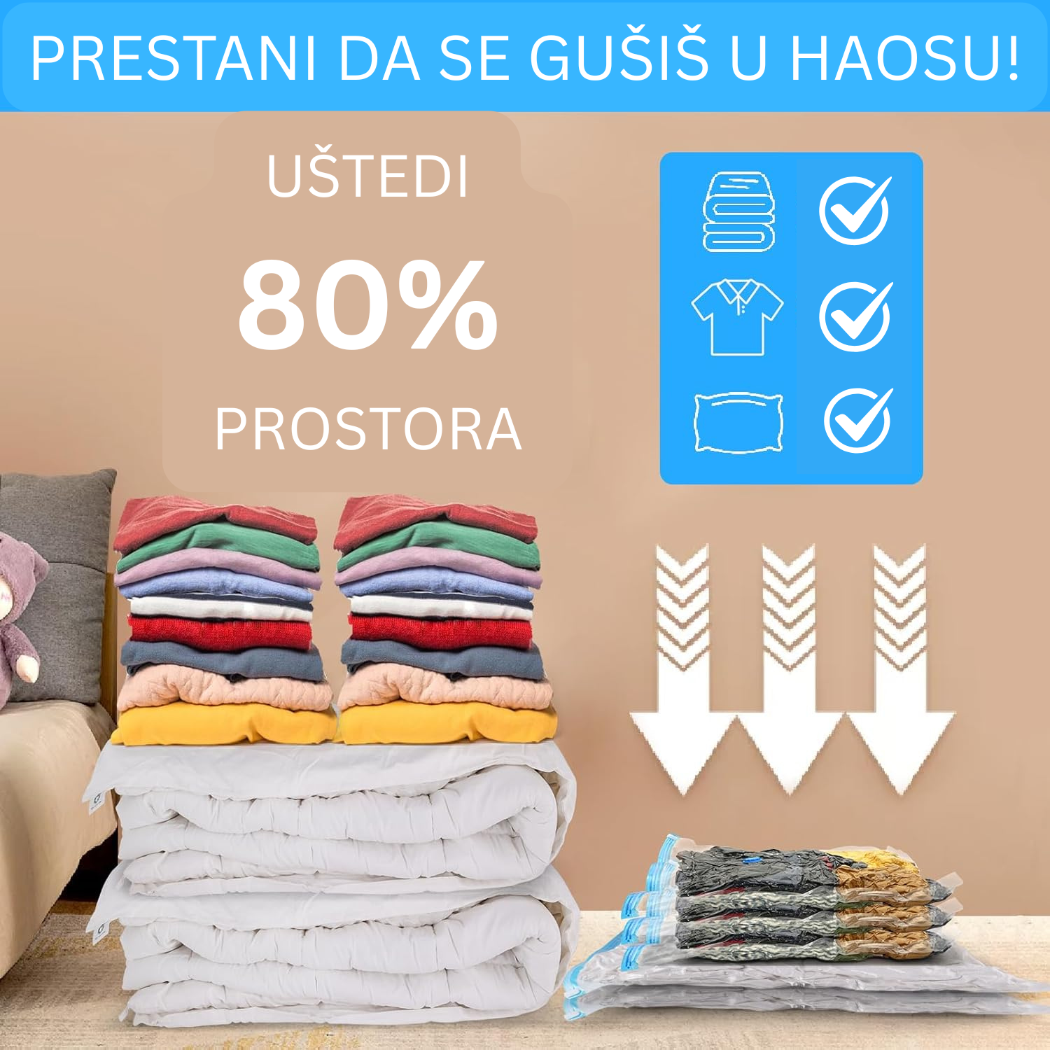 Vakumske kese za garderobu – Set od 10 kom za uštedu prostora i zaštitu stvari